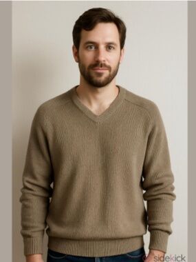 Vintage Ingo Canada Men's V-Neck Ribbed Sweater Wool in Taupe XL